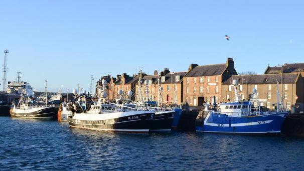 <p>Fischerboote liegen im Hafen von Peterhead, Großbritannien.</p>