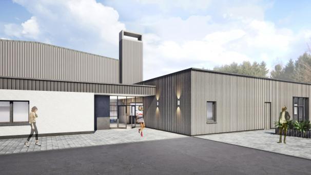 <p>Der neue Eingangsbereich zur Sporthalle und dem neuen Dorfsaal ist offen gestaltet.</p>