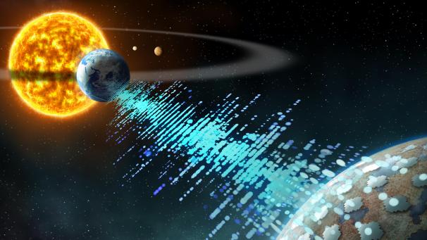<p>Eine grafische Darstellung zeigt als mögliches Szenario einen Himmelskörper (r) mit einer fremden Zivilisation, die, nachdem sie die Erde (M) beobachtet hatte, Nachrichten an diese sendet.</p>