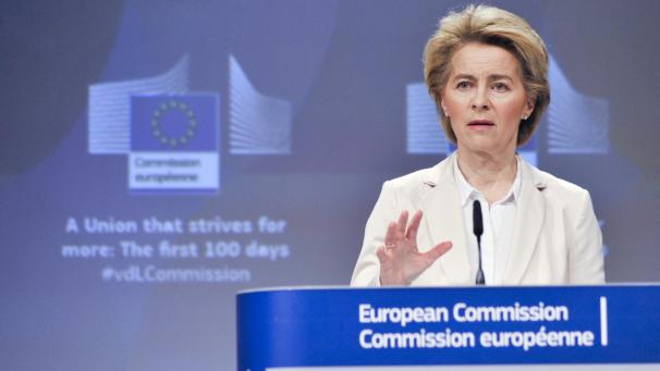 <p>Ursula von der Leyen, Präsidentin der Europäischen Kommission, bei einer Medienkonferenz zu ihren ersten 100 Tagen im Amt.</p>