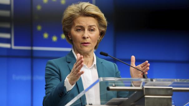 <p>Ursula von der Leyen (CDU), Präsidentin der Europäischen Kommission, spricht während einer Videokonferenz mit den Staats- und Regierungschefs der G7 im Gebäude des Europäischen Rates. Von der Leyen hatte gemeinsame Regeln für die Grenzüberwachung angemahnt.</p>