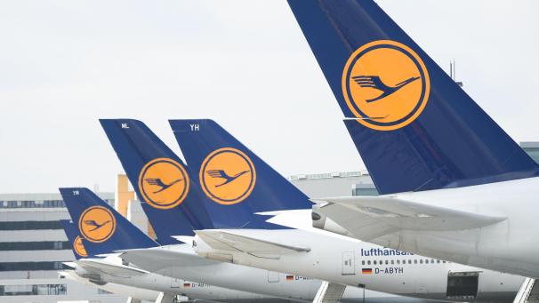 <p>Lufthansa-Maschinen mit dem Kranich-Logo stehen am Frankfurter Flughafen.</p>