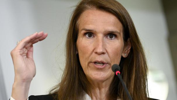 <p>Premierministerin Sophie Wilmès nach der Sitzung des NSR am Donnerstag.</p>