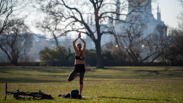 <p>Eine Frau macht Yoga auf einer Wiese.</p>