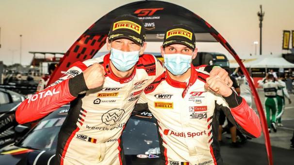 <p>Charles Weerts aus Aubel (l.) und Dries Vanthoor aus Zolder jubeln nach ihren Siegen in Misano.</p>