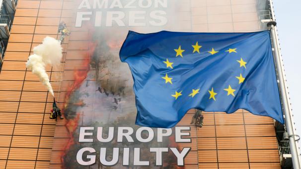 <p>Die Umweltschützer setzten auch Nebelmaschinen und falsche Asche ein. Auf dem Banner stand: „Amazonasbrände - Europa schuldig“.</p>