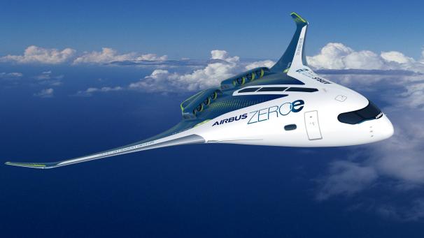 <p>Eine undatierte grafische Darstellung zeigt ein Konzept für ein Flugzeug mit Wasserstoffantrieb für bis zu 200 Passagiere des Luftfahrtkonzerns Airbus.</p>
