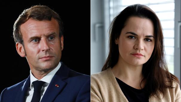 <p>Treffen am Dienstag aufeinander: Emmanuel Macron und Swetlana Tichanowskaja.</p>