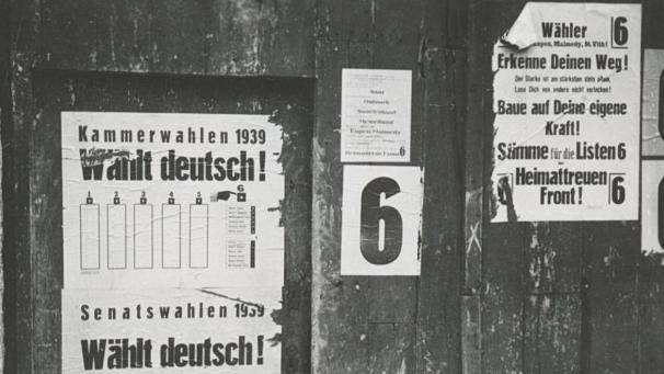 <p>Wahlplakate der Heimattreuen Front für die nationalen Wahlen 1939: Die HF war eine politische Partei in den Ostkantonen, die für die Rückgliederung von Eupen-Malmedy-St.Vith nach Deutschland eintrat.</p>