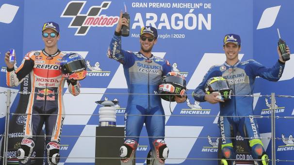 <p>Das Podium der MotoGP in Aragon.</p>