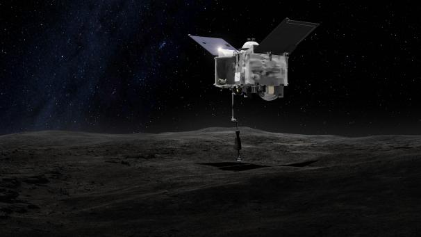 <p>Eine undatierte grafische Darstellung zeigt die Nasa-Sonde Osiris-Rex, die über dem Asteroiden Bennu mit ihrem Touch-And-Go Sample Arm Mechanism (TAGSAM), einer Art Roboter-Arm, eine Probe von dem Asteroiden nimmt.</p>