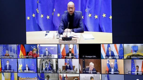 <p>Charles Michel (oben), Präsident des Europäischen Rates, spricht während eines EU-Videogipfels der Staats- und Regierungschefs der EU-Staaten. Es geht um Themen wie Quarantäneregeln, die Rückverfolgung von Infektionen und Teststrategien.</p>