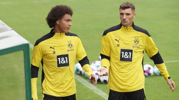 <p>Thomas Meunier (r.) bringt Axel Witsel (l.) und Thorgan Hazard mit nach Brügge.</p>