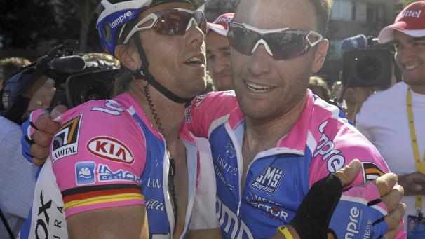 <p>Danilo Hondo (links) und Alessandro Petacchi im Trikot der italienischen Lampre-Mannschaft.</p>