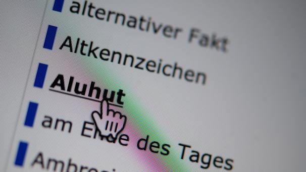 <p>Ein Mauszeiger steht auf der Homepage des Online-Wortschatz-Informationssystem Deutsch (OWID) des Leibniz-Institut für Deutsche Sprache (IDS) über dem Link zum Eintrag des Wortes „Aluhut“ im Wörterbuch der Neologismen, also der neuen Wörter.</p>