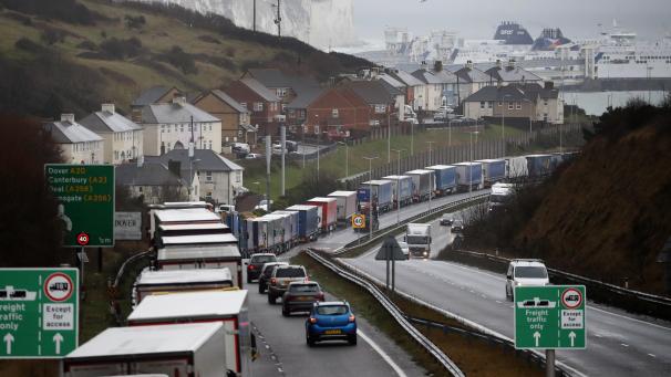 <p>Lastwagen stehen Schlange bei der Anfahrt zum Hafen in Dover.</p>