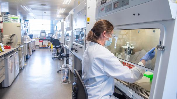 <p>Undatiertes Handout-Foto, herausgegeben von der Universität Oxford, zeigt eine Forscherin der Oxford Vaccine Group, die in einem Labor an dem von AstraZeneca und der Universität Oxford entwickelten Coronavirus-Impfstoff arbeitet.</p>