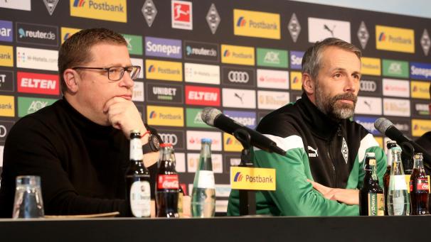 <p>Gladbachs Sportdirektor Max Eberl (l.) neben Trainer Marco Rose</p>