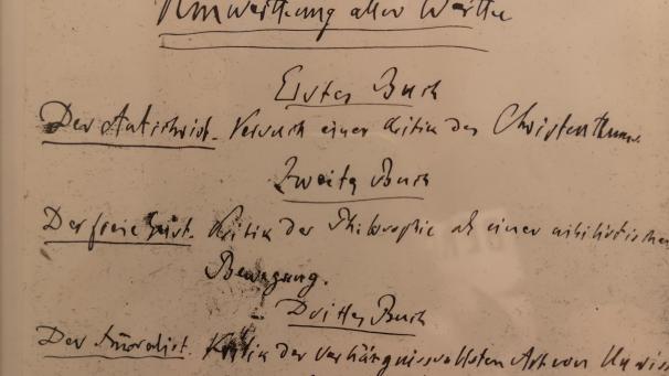 <p>Bedingt durch lange Phasen starker Kopfschmerzen ging Nietzsche Mitte der 1870er Jahre dazu über, sich in Aphorismen auszudrücken. Hier eine Liste von späten Werken in Nietzsches Handschrift.</p>