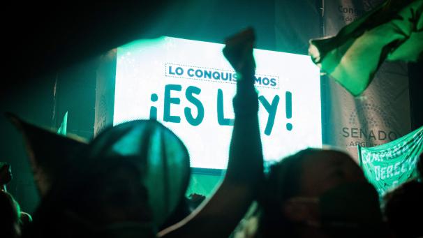 <p>„Es ley“ (Es ist Gesetz) steht auf einem Bildschirm, nachdem ein historisches Gesetz zur Liberalisierung der Abtreibung verabschiedet wurde – die Sitzung wurde per Livestream übertragen.</p>