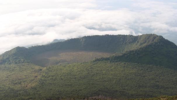 <p>Blick auf den Virunga-Nationalpark vom Kraterrand des Vulkans Nyiragongo über den Krater eines erloschenen Vulkans hinweg.</p>