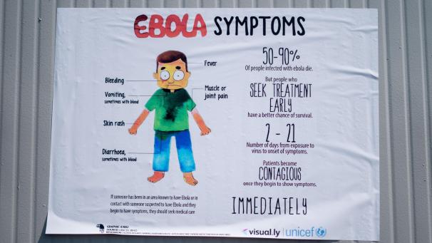 <p>Hinweisschilder auf dem Gelände der UN-Friedensmission „Monusco“ im Kongo weisen auf Symptome, Ansteckungsgefahr und Krankheitsverlauf von Ebola hin.</p>