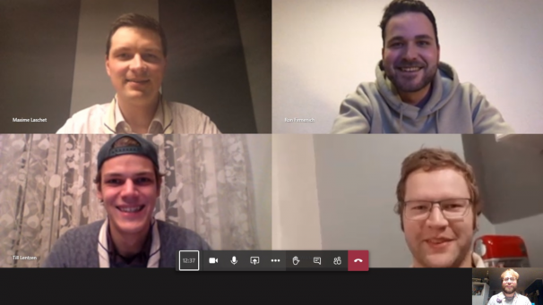 <p>Die Regionsequipe der Region Hohe Seen bei einer Videokonferenz: Zu sehen sind Maxime Laschet, Willem Wilden, Ron Firmenich und Till Lentzen. Unten rechts erkennt man Pascal Collubry.</p>