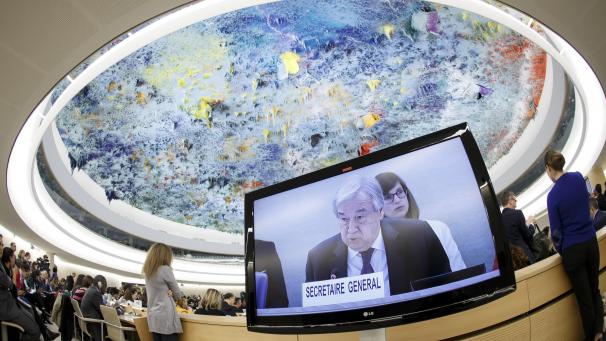 <p>Antonio Guterres, Generalsekretär der Vereinten Nationen, spricht beim UN-Menschenrechtsrat.</p>