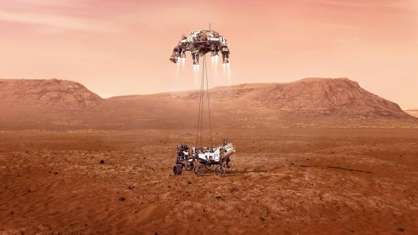 <p>Die Illustration zeigt den Nasa-Rover „Perseverance“ bei der Landung auf dem Mars.</p>