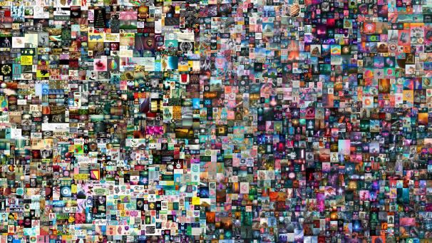 <p>Diese Collage (Bildauschnitt) des Künstlers Mike Winkelmann, Künstlername Beeple, erreichte nach zweiwöchiger Versteigerung einen Preis von rund 57,8 Millionen Euro.</p>