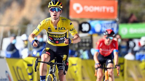 <p>Radstar Primoz Roglic bei der Zielüberquerung.</p>