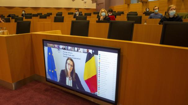 <p>Sophie Wilmès wurde im Ausschuss per Videoverbindung zugeschaltet.</p>