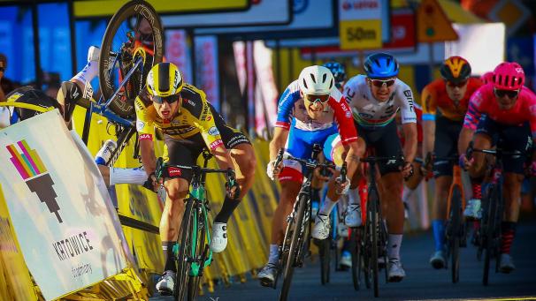 <p>Fabio Jakobsen (im Fallen) zog sich bei seinem Sturz schwerste Gesichtsverletzungen zu.</p>