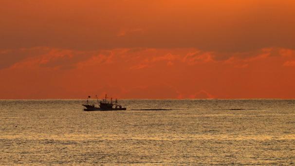 <p>Ein Fischerboot segelt in der Morgendämmerung vor der Stadt Futaba in der Präfektur Fukushima, in der sich das durch das Erdbeben und den Tsunami im März 2011 zerstörte Kernkraftwerk Fukushima Daiichi befindet, über das Meer.</p>