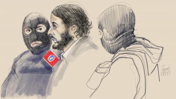 <p>Diese Zeichnung von Igor Preys zeigt den Angeklagten Salah Abdeslam am ersten Tag des Prozesses gegen ihn und Ayari wegen versuchten Mordes in einem terroristischen Zusammenhang am 15. März in der Driesstraat in Forest. Bei der Schießerei wurden fünf Polizeibeamte verletzt und der Terrorist Mohamed Belkaid getötet. Die Schießerei ereignete sich während einer Durchsuchung der Wohnung, die Teil der Ermittlungen zu den Pariser Terroranschlägen war.</p>