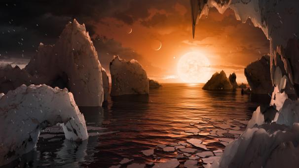 <p>Die künstlerische Darstellung zeigt, wie die Oberfläche des Exoplaneten Trappist-1f möglicherweise aussieht.</p>