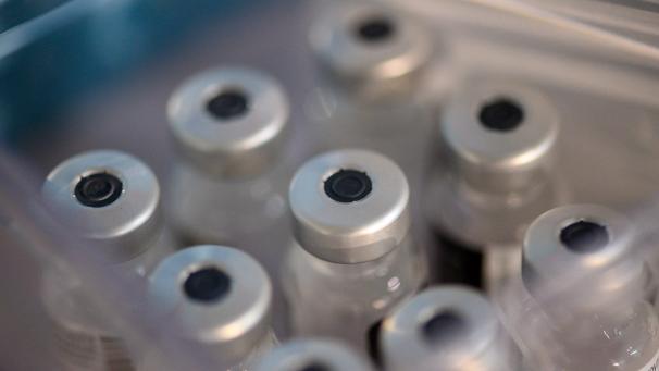 <p>Leere Ampullen, aus denen der Impfstoff von Biontech-Pfizer verimpft wurde, stehen in einem Kästchen.</p>