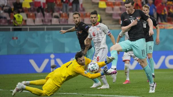 <p>Österreichs Michael Gregoritsch trifft zum 2:1 gegen Nordmazedonien.</p>