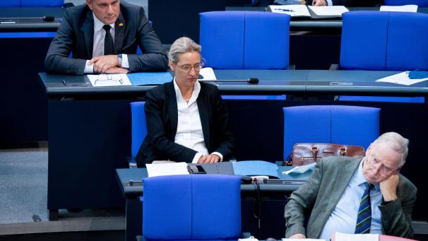 <p>Tino Chrupalla (l-r), Bundessprecher der AfD und Spitzenkandidat seiner Partei zur Bundestagswahl, Alice Weidel, Fraktionsvorsitzende der AfD und Spitzenkandidatin, und Alexander Gauland, Fraktionsvorsitzender der AfD, nehmen an der Sitzung des Bundestags teil.</p>