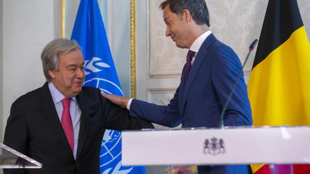 <p>UN-Generalsekretär Guterres (l.) traf sich in Brüssel mit Premier De Croo.</p>