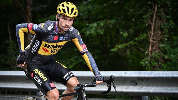 <p>Vuelta-Sieger Roglic war am Montag bei der dritten Etappe kurz vor dem Ziel in Pointivy schwer gestürzt</p>
