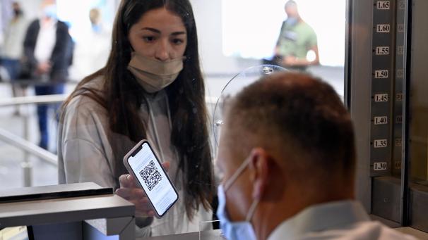 <p>Am Flughafen Charleroi prüft ein Polizist das PLF-Dokument auf dem Smartphone einer Flugreisenden.</p>