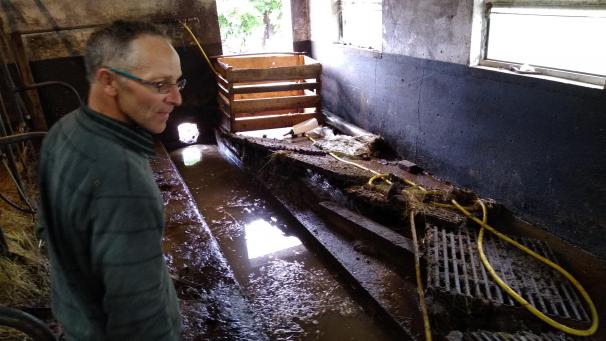 <p>Landwirt Rainer Gallo aus Alfersteg konnte nur mit Mühe sieben Kälber vor dem Ertrinken retten. Dafür ist der materielle Schaden auf dem Hof groß.</p>
