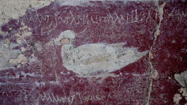 <p>Auf Latein steht „Liebende haben wie Bienen ein Leben so süß wie Honig“ neben einem Bild einer Ente an einer Wand im „Haus der Liebenden“ auf dem Gelände der antiken Römerstadt Pompeji. Das rund 2.000 Jahre alte Haus war in den 30er Jahren bei Grabungen ans Licht gekommen, aber 1980 durch ein Erdbeben schwer beschädigt und dann lange geschlossen worden.</p>