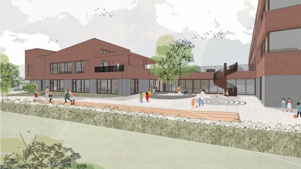 <p>Blick auf den zukünftigen Kindergarten sowie den Esssaal auf der ersten Etage. Eine Galerie schafft die Verbindung zur Primarschule.</p>