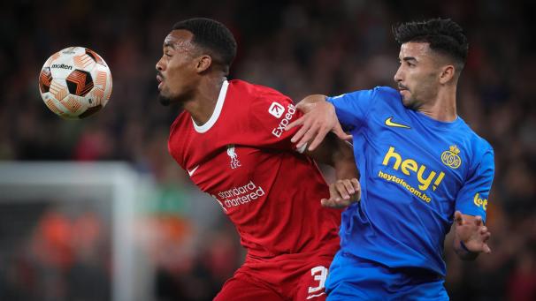 <p>Liverpools Ryan Gravenberch (links) erzielte gegen Saint-Gilloise (mit Mohamed Amoura) das 1:0.</p>