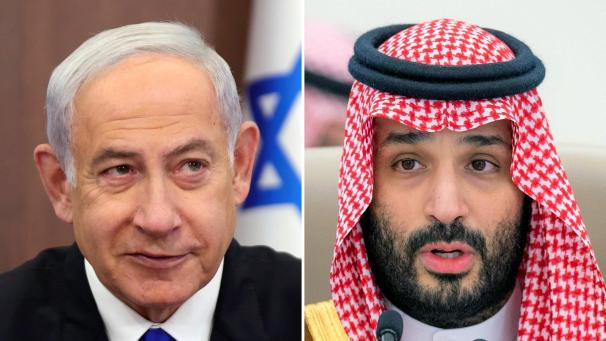 <p>Die Bildkombo zeigt Benjamin Netanjahu (links), Ministerpräsident von Israel, und Mohammed bin Salman, Kronprinz von Saudi Arabien.</p>