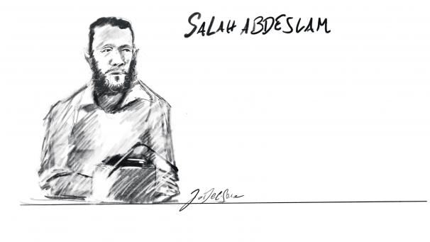 <p>Die Gerichtszeichnung von JonathanDe Cesare zeigt Salah Abdeslam bei den Verhandlungen in Brüsselim September 2023.</p>