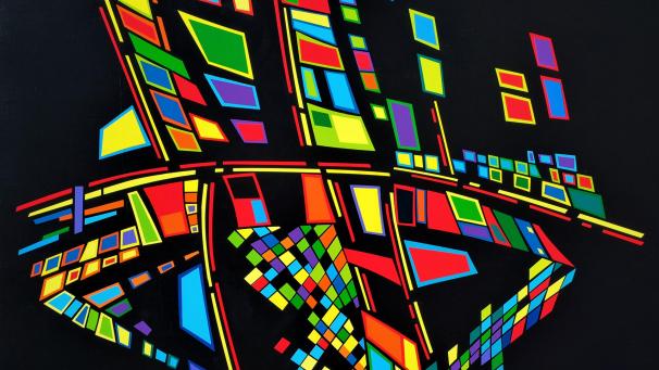 <p>Radermachers Werk „Chigago Funky“ spielt mit leuchtenden Farben und geometrischen Formen.</p>