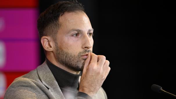 <p>Domenico Tedesco bei der Pressekonferenz am Freitag</p>